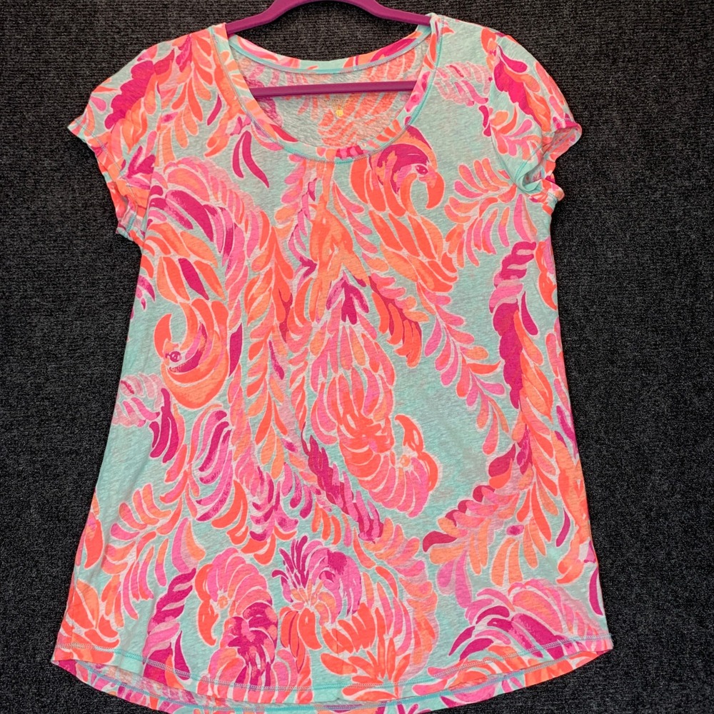 Lilly Pulitzer Love Birds Scoop Neck Tee T L Pink Parrot Tropical Resort Linen